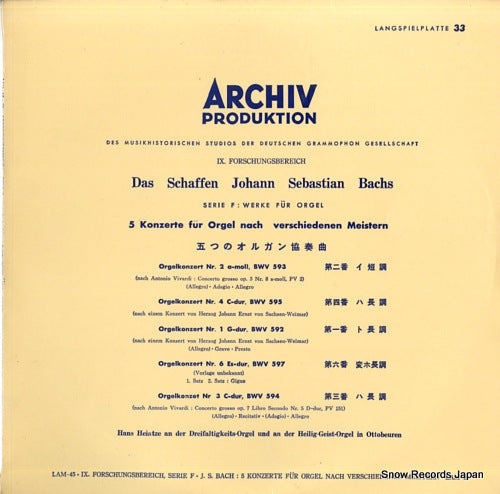 HEINTZE, HANS bach; 5 konzerte fur orgel nach verschiedenen meistern LAM-45