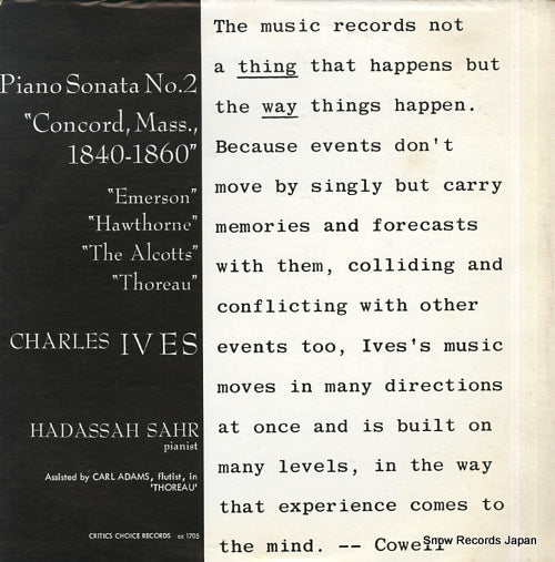 SAHR, HADASSAH charles ives; piano sonata no.2 "concord, mass., 1840-1860" CC-1707