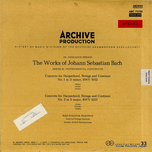 KIRKPATRICK, RALPH bach; concerto for harpsichord, strings and continuo no.1 & 2 ARC73132
