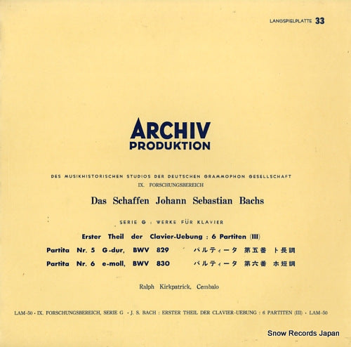 KIRKPATRICK, RALPH bach; erster theil der clavier-ueburg: 6 partiten LAM-50