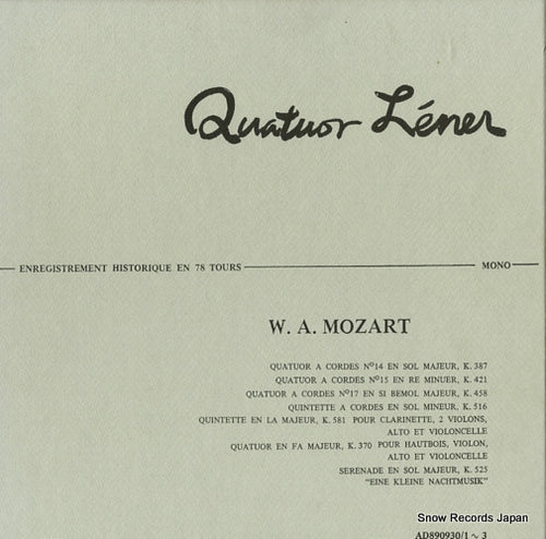 LENER QUATUOR mozart; enregistrement historique en 78 tours AD890930