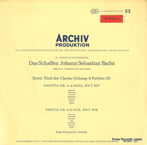 KIRKPATRICK, RALPH bach; erster theil der clavier-uebung: 6 partiten (ii) 198004