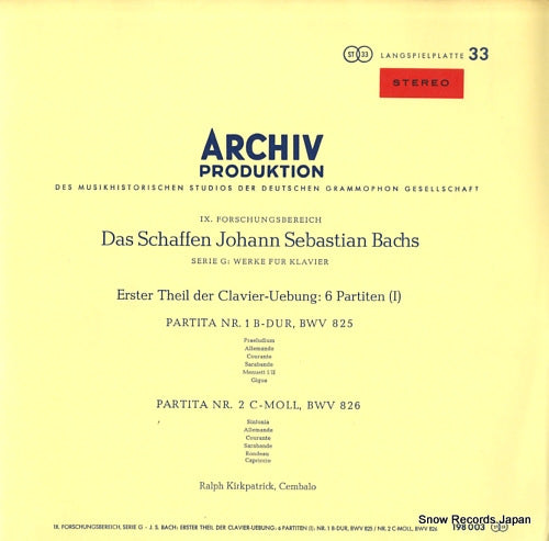 KIRKPATRICK, RALPH bach; erster theil der clavier-uebung: 6 partiten (i) 198003