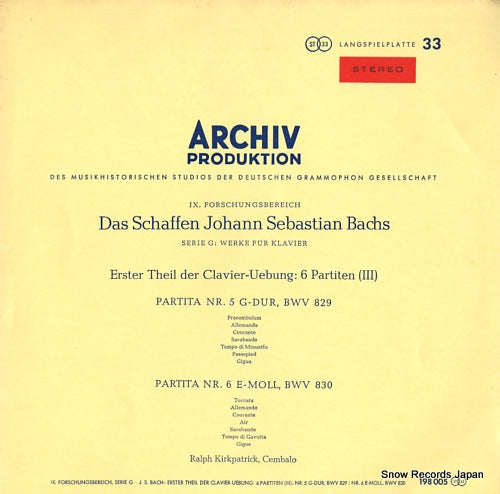 KIRKPATRICK, RALPH bach; erster theil der clavier-uebung: 6 partiten (iii) 198005