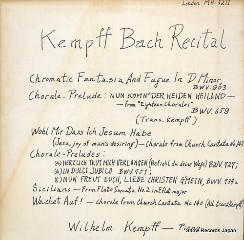 KEMPFF, WILHELM kempff bach recital MH-5211