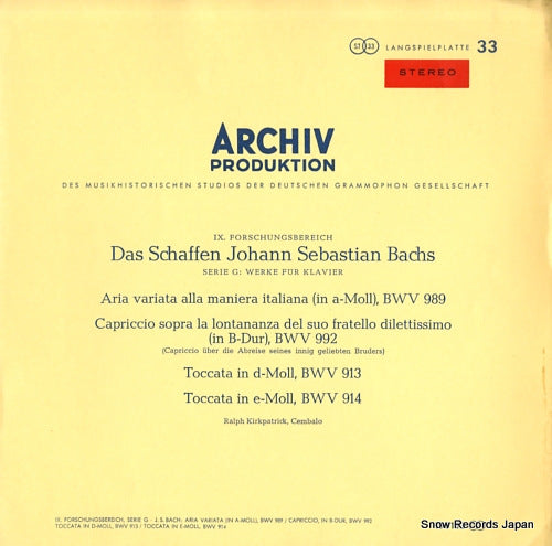 KIRKPATRICK, RALPH bach; aria variata alla maniera italiana (in a - moll), bwv 989 198183